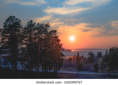 Östersund, Jämtland / Sweden - April Is 25 2019: Sunset Over Storsjön From The Parking Near Ica Maxi