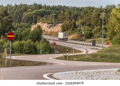 Strömstad, Sweden - August 10 2021: Curves of a highway off-ramp.
