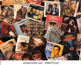 Malmö, Sweden - August 18, 2019: Vinyl Records Featuring Famous Rock and jazz Albums. Elvis, Frank Sinatra, Boston and Bob Dylan among others