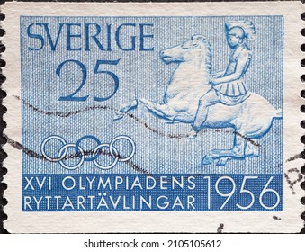 Sweden - Circa 1956: A Postage Stamp From Sweden Showing The Equestrian Olympics. Summer Olympic Games 1956 - Melbourne