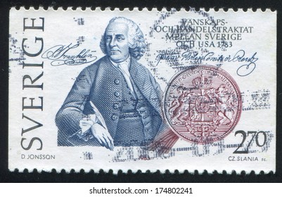 SWEDEN - CIRCA 1983: Stamp Printed By Sweden, Shows Ben Franklin, Swedish Arms, Circa 1983