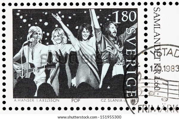 SWEDEN - CIRCA 1983: a stamp printed by Sweden shows image of famous Swedish musicians from ABBA band, circa 1983.