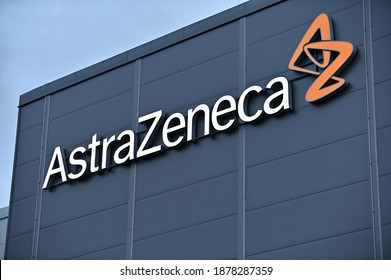 Södertälje, Sweden - December 18, 2020: A sign for the pharmaceutical company AstraZeneca on a building in the Gärtuna industrial area in Södertälje, Sweden