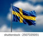 sweden flag flying on blur blue clouds background.