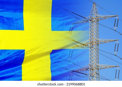 Sweden flag on electric pole background. Power shortage and increased energy consumption in Sweden. Energy development and energy crisis in Sweden - Powered by Shutterstock