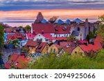 Sweden, Gotland Island, Visby, high angle city vie in dusk
