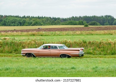 Falköping, Sweden, July, 2017, Old American Classic Car Driving In The Countryside