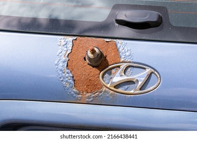 Trollhättan, Sweden - June 11 2022: Corrosion Damage And Hyundai Logo  On The Trunk Of A Car. Close Up Image With No People