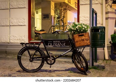 Malmö, Sweden - May 20, 2019: A Bike Branded With The Logo Of Bed Company Duxiana Which Started A Hotel In The City