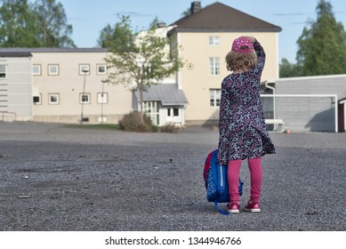 Skellefteå, Västerbotten, Sweden. May 24 2018, Girl Observes Her New School Ahead Of School Start. 