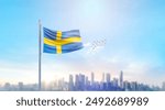 Sweden national flag waving with skyline and buildings. Sweden national flag for independence day.