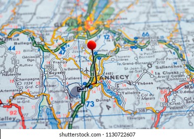 Sweden Stockholm, 07 April 2018: European cities on map series. Closeup of Annecy