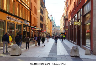 SWEDEN, STOCKHOLM - AUGUST 21, 2018: Summer morning on the pedestrian street Drottninggatan in Stockholm