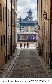 SWEDEN, STOCKHOLM - JUNE 03 2022 - USS Aircraft Carrier at the bay of Stockholm city
