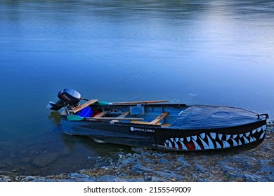 Sweden Stockholm - May 12, 2022 Moored To The River Bank Motorboat Engine Yamaha