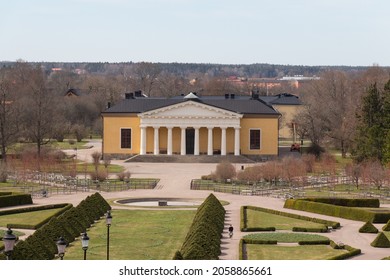 Sweden, Uppsala - April 19 2019: the view of the Uppsala Botanical Garden University Building near Uppsala Castle on April 19 2019 in Uppsala, Sweden.