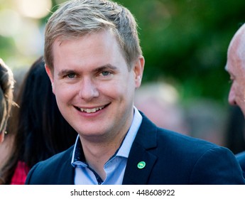 Sweden's Education Minister and leader of the Green Party Gustav Fridolin attends a speech given by Sweden's Prime Minister Stefan Lofven at Almedalen Week 2016, in Visby on July 5 2016
