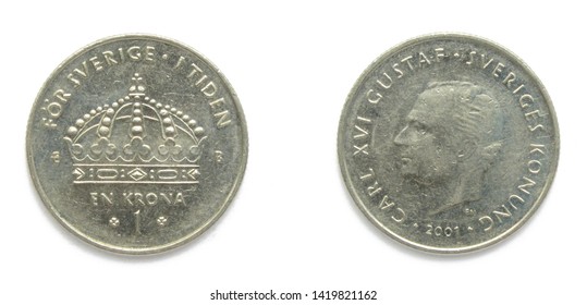 Swedish 1 Crowns (Krona, kronor) 2001 year coin. Coin shows a portrait of Swedish king Carl XVI Gustaf of Sweden and Coat of arms of Sweden on the obverse.