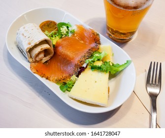 Swedish Appetizer – Salted Salmon Fillet, Cheese, Pitta Bread And Greens