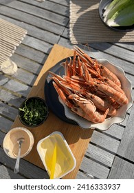 Swedish crawfish at a table. Swedish midsummer. Fiest with seafood.
