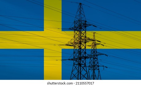 Swedish flag with electric tower and lines. Energy supply in Sweden. High electricity and energy market prices.  - Powered by Shutterstock