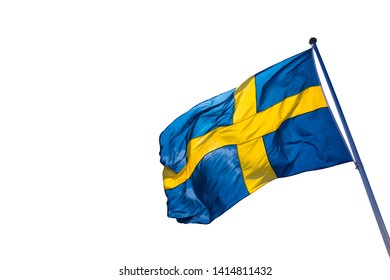 Swedish flag isolated on a white background. Swedish flag fluttering on wind. Sveriges nationaldag. National Day of Sweden. Swedish Flag Day.