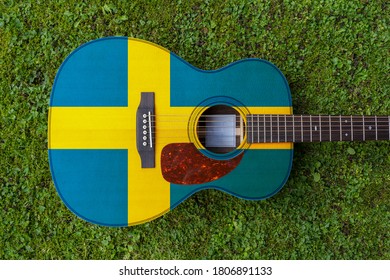 Swedish Flag Motif Painted On Wooden Steel String Acoustic Guitar