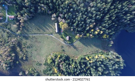Swedish House In Forest From Above.