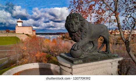 Swedish lion and castle in Narva Estonia