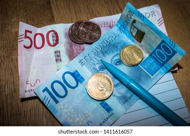 Swedish  Money, Currency,banknotes And Coins On A Table