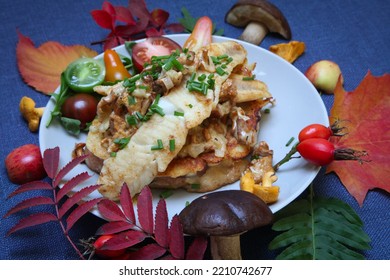 Swedish Perch And Chanterelles Sandwich With Swedish Västerbotten-cheese. Scandinavian Autumn Cuisine. Mushroom And Fish Dish.