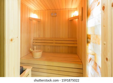 Swedish Sauna Interior In Hotel Wellness Center