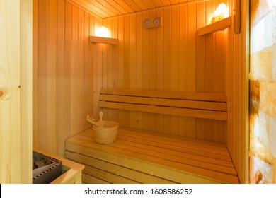 Swedish Sauna Interior In Hotel Wellness Center