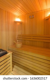 Swedish Sauna Interior In Hotel Wellness Center