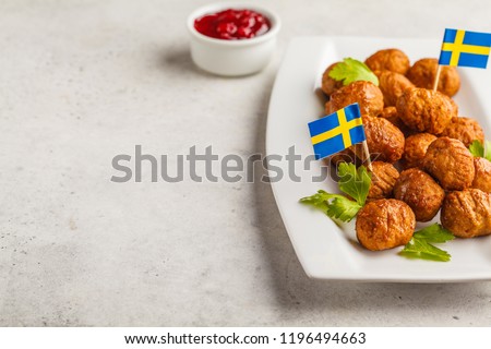 Swedish traditional meatballs on a white plate. Swedish food concept.
