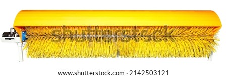 Sweeping circular yellow brush made of durable nylon and metal wire as a nozzle for a communal city sweeper for cleaning roads and sidewalks. Isolated on white background.