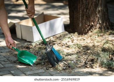Sweeping fallen pine needles in the backyard