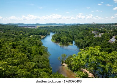 Sweeping Landscape Vista Of Table Rock Lake And Surrounding Scenery In Branson Missouri On A Beautiful Sunny Blue Sky Afternoon.