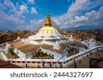 Sweeping View of Boudhanath Stupa with Colorful Flags in Kathmandu, Nepal