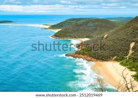 Sweeping view over Zenith Beach and Shoal Bay from the Tomaree Mountain Lookout - Shoal Bay, NSW, Australia. March 2021. This was during the Covid 19 pandemic. 