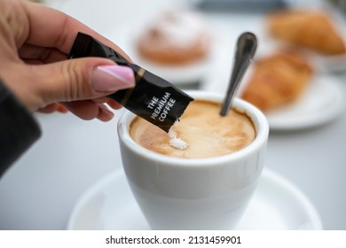 
Sweet Afternoon Snack: Coffee With Milk, Croissant And Ensaimada