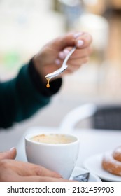 
Sweet Afternoon Snack: Coffee With Milk, Croissant And Ensaimada