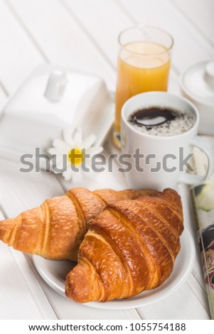 Similar – Image, Stock Photo Morning Breakfast In Green Garden With French Croissant, Coffee Cup, Orange Juice, Tablet and Notes Book On Wooden Table