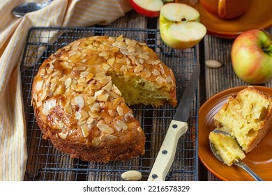 Sweet Apple Cake With Almonds And Toffee Topping In Rustic Style