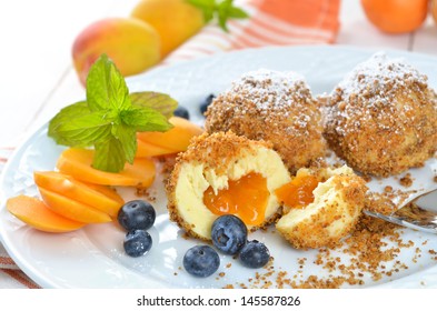 Sweet Apricot Dumpling With Some Blueberries, An Austrian Cooked Dessert