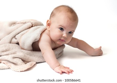 Sweet Baby With A Blanket, Isolated On A White Background