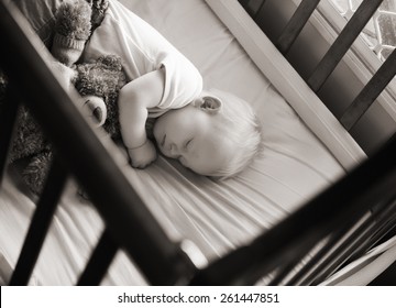 Sweet Baby Sleeping In His Crib With His Teddy Bear In Black And White