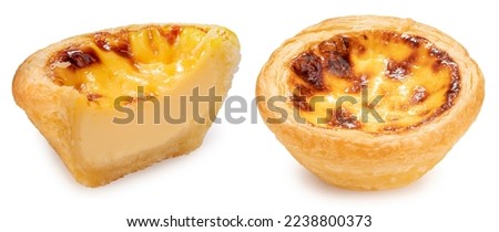 Sweet Baked Egg tart isolated on white background, Pie Portuguese egg tart on white With clipping path.