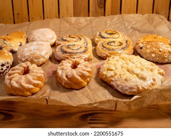 Sweet Baked Goods. Sweet Flour Products From The Bakery. Freshly Baked Sweet Buns.