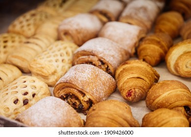 Sweet Baked Goods Taken Out Of The Oven. Bakery. Various Kinds Of Breadstuff.